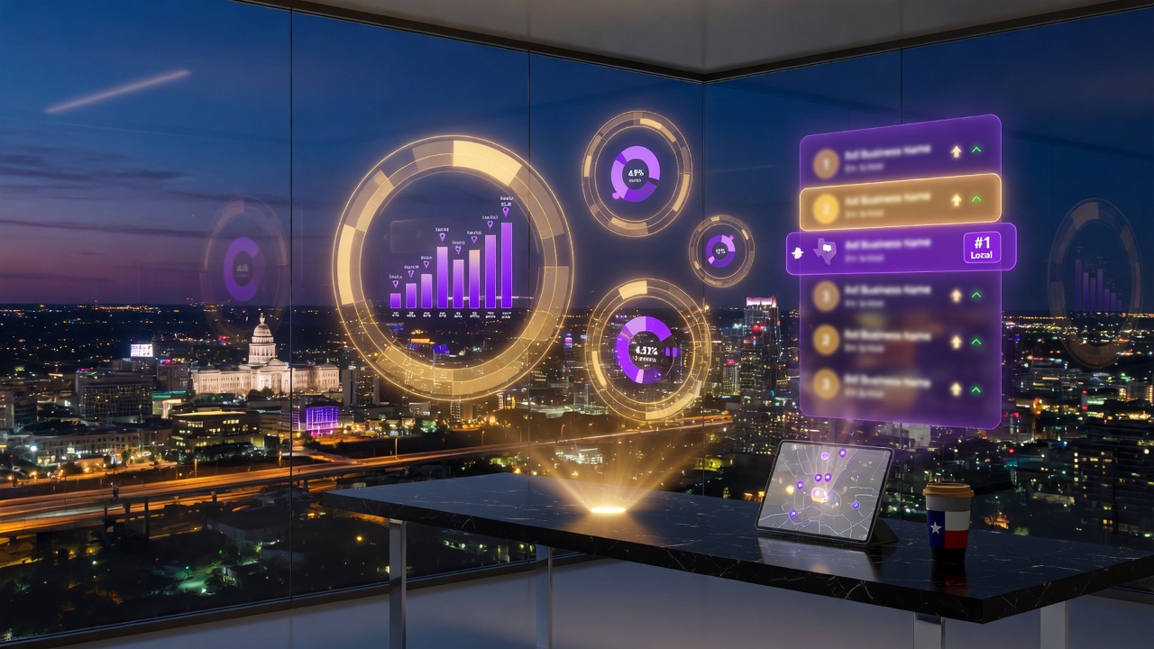 Search analytics hologram over Texas skyline