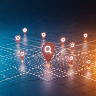 Abstract map of DFW area with location pins and glowing search icons