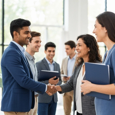 Professional photo of diverse business professionals networking at a local community event, symbolizing connection and local ties, no text, no words, no typography, clean image