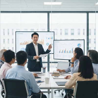 Professional architect presenting growth strategies to home builders in a modern office, symbolizing effective marketing partnership