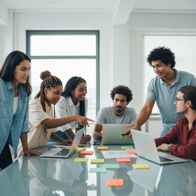 Diverse team collaborating on a digital marketing strategy in an office setting