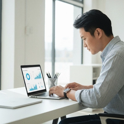 Person analyzing local SEO metrics on a laptop, showing charts and graphs, in a modern office setting, no text, no words, no typography, clean image