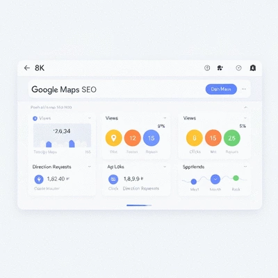 Dashboard displaying Google Maps SEO metrics like views, clicks, and direction requests, clean and modern UI, no text, no words, no typography, no labels, clean image