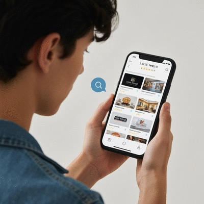 Person using a smartphone for voice search, with local business results appearing on the screen, clean image, no text, no words, no typography, 8K