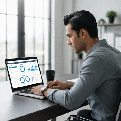 SEO consultant analyzing website performance on a laptop