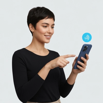 Woman using voice search on a smartphone with a clean, modern background