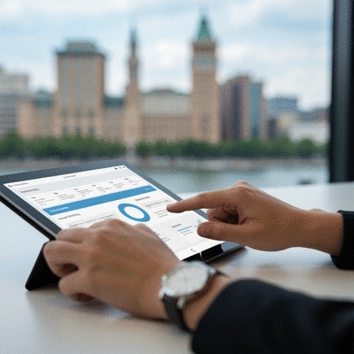 Person planning SEO strategy on a tablet with local landmarks in the background