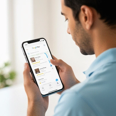Person using a smartphone to navigate with Google Maps, showing a business listing with high ratings and a clear path, no text, no words, no typography, no labels, clean image