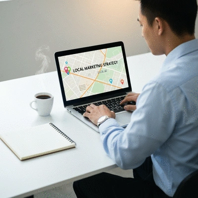 Person using a laptop with local business map on screen, representing local marketing strategy