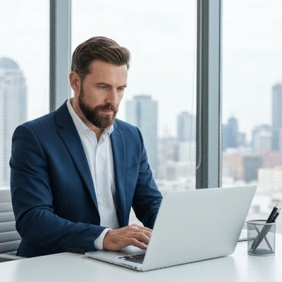 Professional looking business owner reviewing SEO analytics on a laptop, with a clean, modern office background