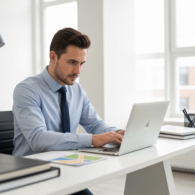 Small business owner reviewing Google Maps rankings on a laptop in a modern office
