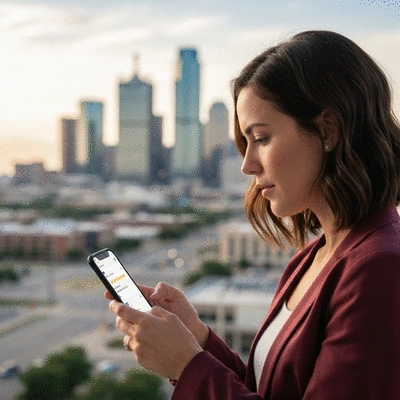 Person using a smartphone to read online reviews for a local business in DFW