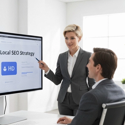 Professional demonstrating local SEO strategy on a large screen to a small business owner, clean office environment, no text, no words, no typography, 8K