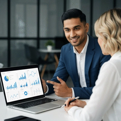 SEO marketing expert consulting with a client, showing data on a laptop screen