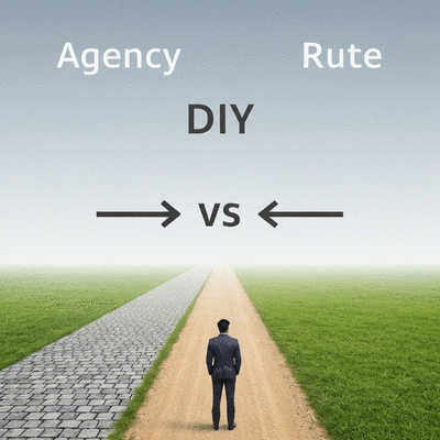 Business owner making a strategic decision, choosing between two paths, representing agency vs DIY