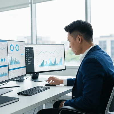 Modern professional using various SEO tools on a multi-screen setup in a DFW office