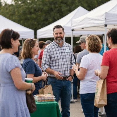 Business owner engaging with customers at a local DFW community event, clean image
