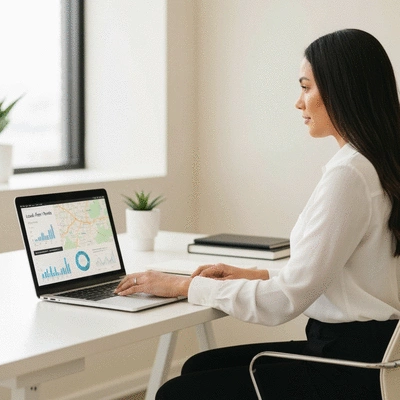 Professional working on local SEO strategy on a laptop with Dallas Fort Worth map on screen