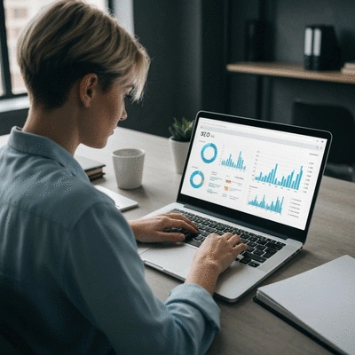 Person using a laptop to analyze SEO data with charts and graphs