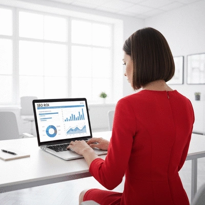 Professional analyzing data on a laptop, showing charts and graphs related to SEO ROI