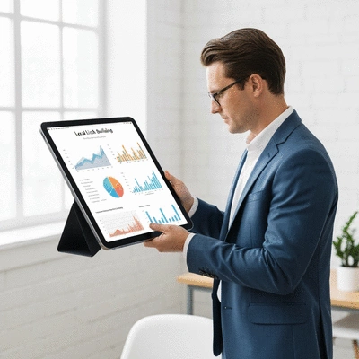 Professional showing local business owner data on a tablet, illustrating local link building strategy