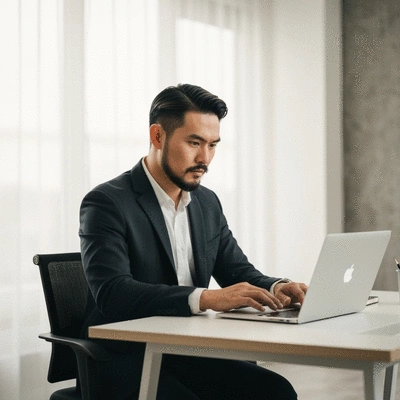 SEO consultant analyzing data on a laptop in a modern office environment