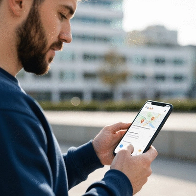 Person using a smartphone to search for local businesses on Google Maps, with pins showing locations