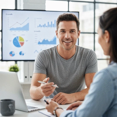 Small business owner discussing growth with a client in a modern office, charts and graphs visible on a screen