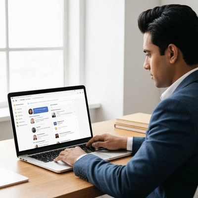 Person optimizing a Google My Business profile on a laptop, showing review management and business information, in a professional office setting, no text, no words, no typography, 8K, clean image