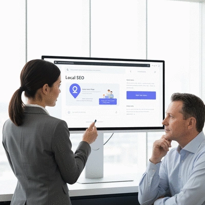 Professional demonstrating local SEO strategy on a large screen to a small business owner, clean office environment, no text, no words, no typography, 8K