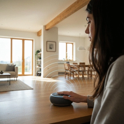 Person using a voice-activated smart speaker in a modern home setting