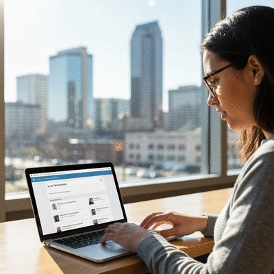 Person using a laptop to search for local businesses, with Arlington city skyline in the background, clean image