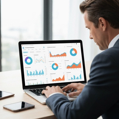 Professional managing multiple PPC campaign dashboards on a laptop with charts and graphs