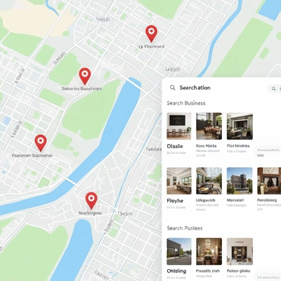 Modern map interface showing local business listings with pins and search results, clean interface, no text, no words, no typography, 8K