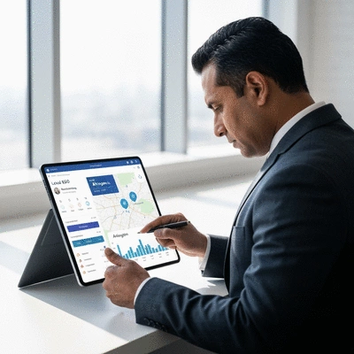 Modern business owner looking at dashboard on a tablet, showcasing local SEO data and analytics with Arlington, Texas map overlay