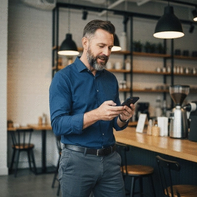 Small business owner using voice search on a smartphone to find local services