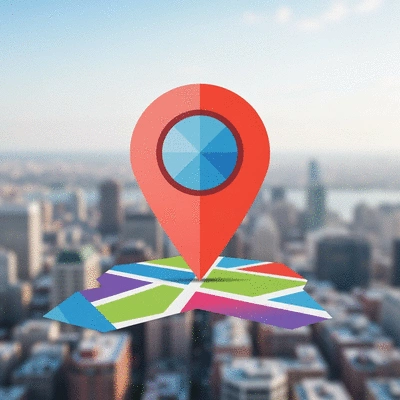 Stylized map pin icon over a blurred city map, indicating local search