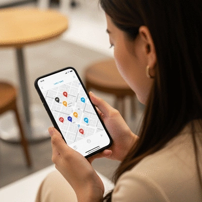 Person using a smartphone to search for local businesses, with map pins on the screen, showing consistent business information