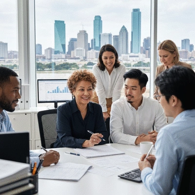 Modern office setting with DFW skyline visible, showing diverse professionals collaborating, symbolizing business growth