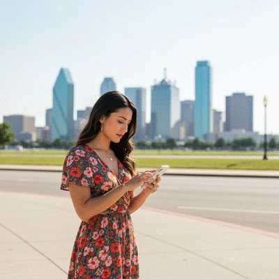 Person using a smartphone to search for local businesses, with Dallas-Fort Worth skyline in the background, clean image, no text.