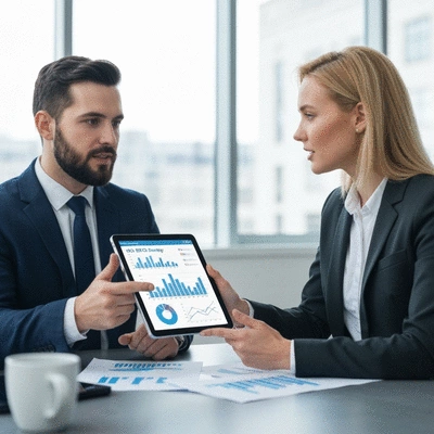 Two business professionals discussing SEO strategy with charts and graphs on a tablet in a modern office