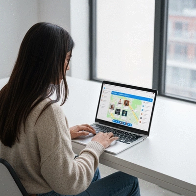 Person using a laptop to search for local businesses, map on screen