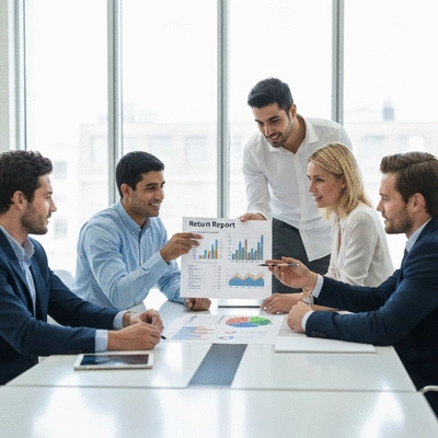 Business professionals discussing a report with charts and graphs, showing ROI
