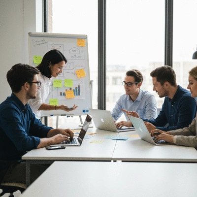 Team of SEO professionals collaborating on a link building strategy using various digital tools