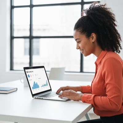 Business owner reviewing SEO analytics dashboard on a laptop with a modern, clean design