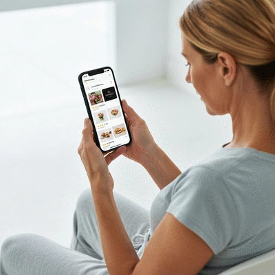 Person interacting with a smartphone showing local business search results on Google Maps, no text, no words, no typography, 8K