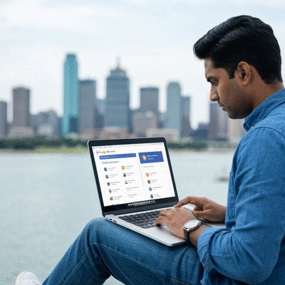 Person optimizing Google My Business profile on a laptop, DFW skyline in the background, clean image