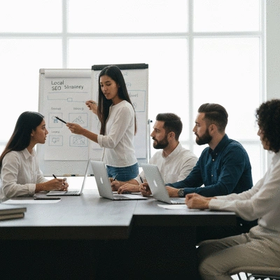 Digital marketing team collaborating on a local SEO strategy