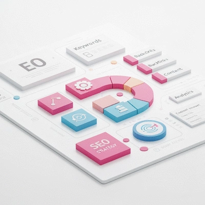 Modern infographic displaying key SEO strategy elements and metrics