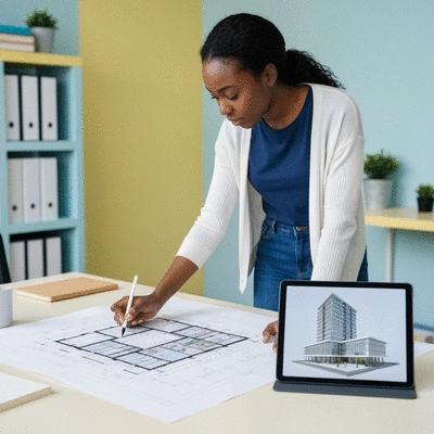 Two contractors discussing project plans on a construction site with a tablet, representing digital marketing integration